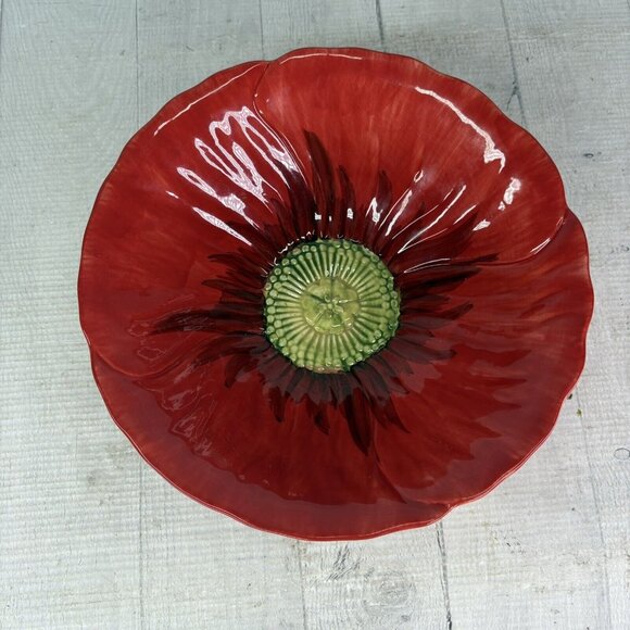 Maxcera Corp POPPIES POPPY SPLATTER Red Flower Shape 3D Ceramic 9" Serving Bowl - Picture 7 of 16